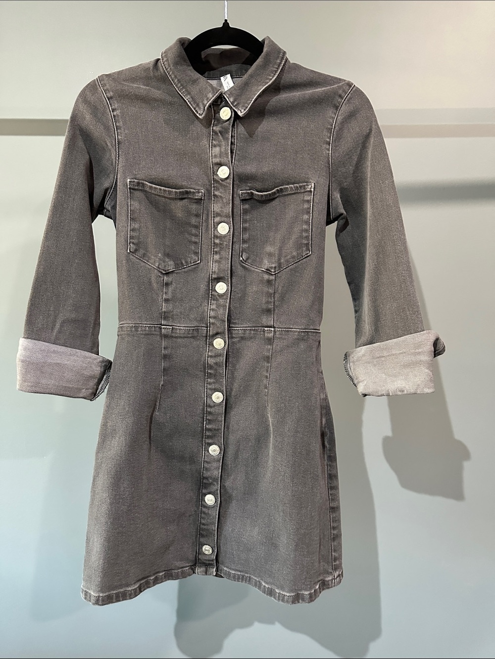Button-Front Denim Shirt Dress in Washed Gray